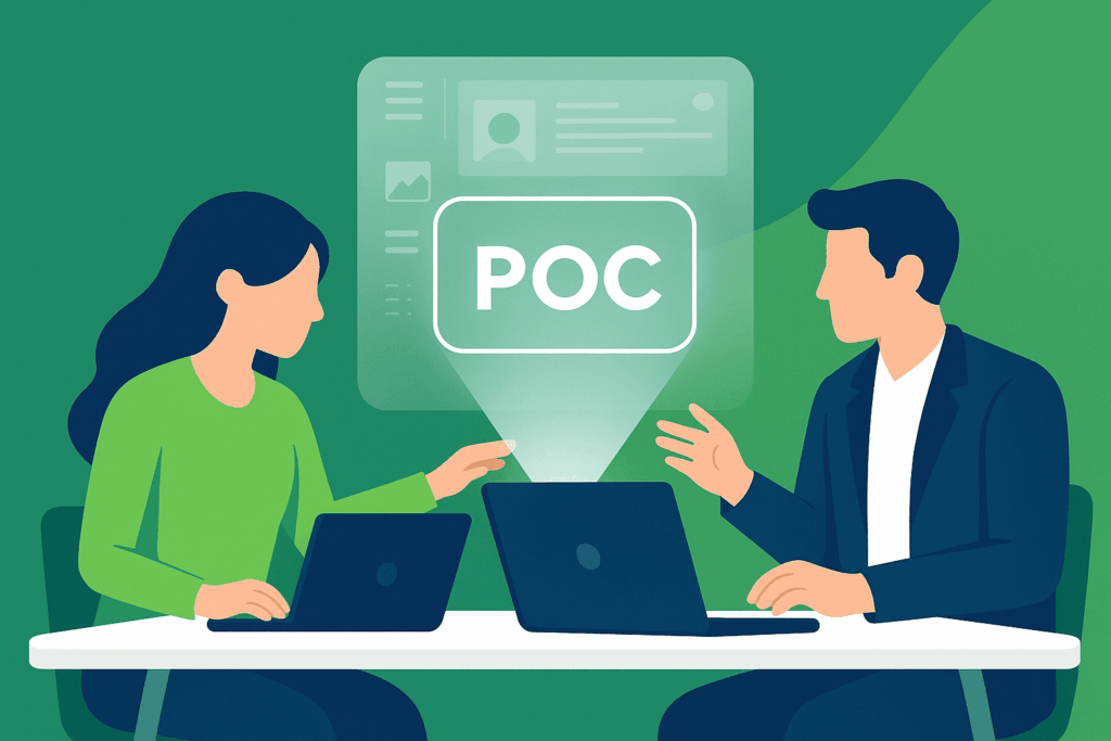 Deux personnes collaborant sur un POC projet, en train de créer un Proof of Concept ensemble sur ordinateur.