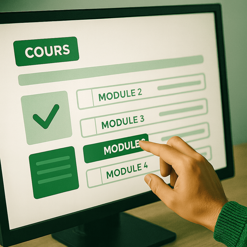 Main sélectionnant un module d’un cours sur un écran d’ordinateur