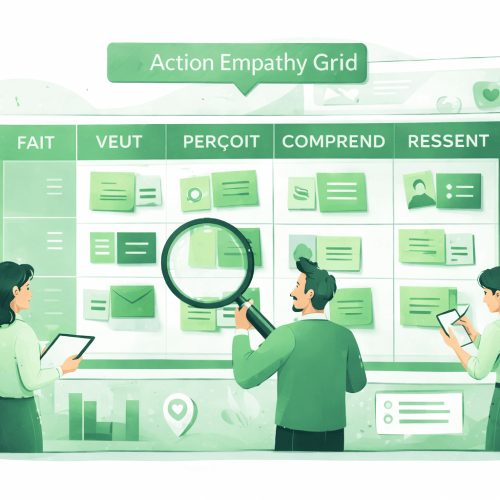 Action Empathy Grid : Fait, Veut, Perçoit, Comprend Ressent.